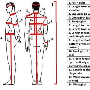May include: Diagram showing 14 different body measurements for taking measurements for clothing. The measurements are labeled with numbers 1 through 14.