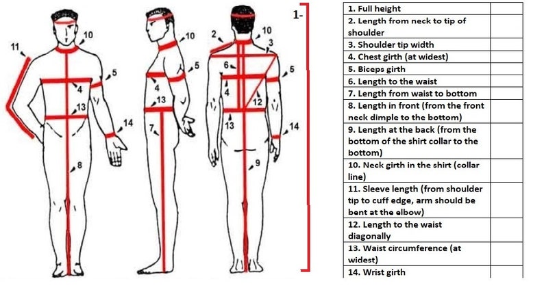 May include: Diagram showing 14 different body measurements for taking measurements for clothing. The measurements are labeled with numbers 1 through 14.