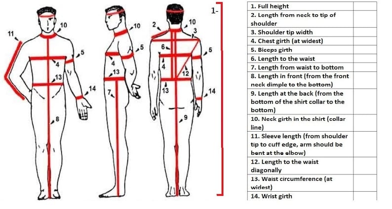 May include: Diagram showing 14 different body measurements for taking measurements for clothing. The measurements are labeled with numbers 1 through 14.
