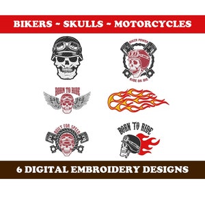 May include: Six digital embroidery designs featuring biker skulls with motorcycle helmets and wings. The designs include phrases like "Born to Ride" and "Biker Power".