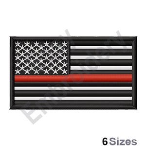 May include: Black and white American flag with a single red stripe across the middle. The flag is outlined in black.