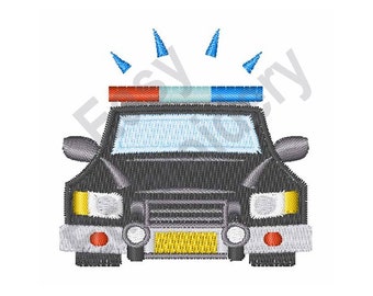 May include: A black cartoon police car with a red and blue flashing light on top. The car has yellow headlights and red taillights.