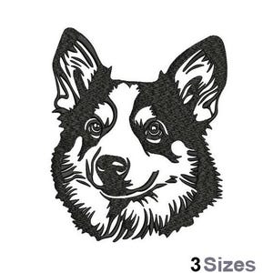 May include: Black and white line art illustration of a Corgi dog's face. The dog has a white face with black markings around the eyes and ears. The text "3 Sizes" is at the bottom.