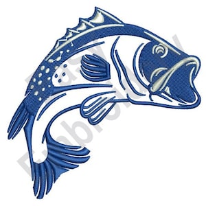 May include: A blue and white stylized illustration of a fish jumping out of the water. The fish has a detailed design with scales and fins.