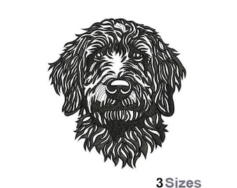 May include: Black and white line art embroidery design of a doodle dog's head. The dog has a curly coat and a friendly expression.