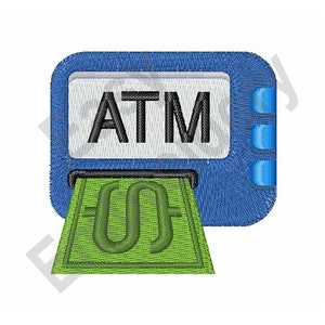 Peut inclure: Un distributeur automatique de billets bleu avec un billet vert qui sort de la fente. L'écran du DAB affiche le mot "ATM" en lettres noires.