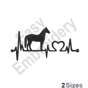 May include: Black silhouette of a horse with a heartbeat line and a heart symbol. The design is a simple, modern graphic.