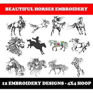 May include: Twelve embroidery designs featuring horses in various poses and styles. The designs are suitable for a 4x4 hoop.