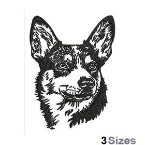 Può includere: Un disegno ricamato in bianco e nero del muso di un cane Corgi. Il cane ha grandi orecchie dritte e un aspetto dettagliato e strutturato. Il testo "3 Sizes" si trova nella parte inferiore dell'immagine.