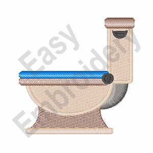 Op de afbeelding: Een beige toilet met een blauwe toiletbril en een beige tank.