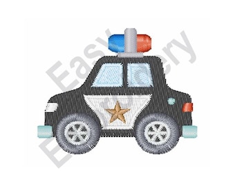 May include: Embroidered police car design in black, white, and blue. The car features a gold star on the door, blue and red lights, and light blue wheels. The design is on a white background.