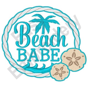 May include: A turquoise blue circle with a white rope border, the text "Beach Babe" in a turquoise blue script font, a turquoise blue wave, and two tan sand dollar designs.