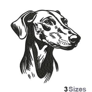 May include: Black and white line art illustration of a dog's head. The dog has a long snout and floppy ears.