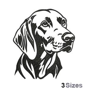 May include: A black and white line art illustration of a dog's head, showcasing detailed features. The dog's face is turned slightly to the side, with visible eyes, nose, and ears. The text "3 Sizes" is at the bottom.