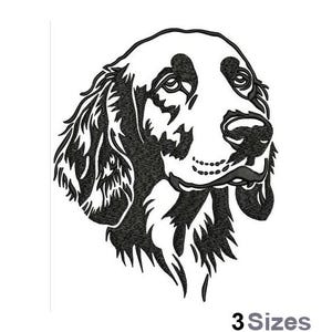 Pode incluir: Design de bordado a preto e branco da cabeça de um cão, com detalhes de pelo e traços faciais. A imagem inclui o texto "3 Tamanhos" na parte inferior, indicando opções de tamanho. Adequado para projetos de bordado.