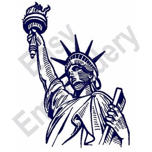 May include: A black and white line drawing of the Statue of Liberty holding a torch in her right hand. The statue is wearing a crown and a robe.