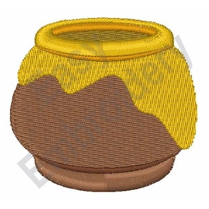May include: A brown and yellow embroidered honey pot. The pot is brown with a yellow rim and a cascade of yellow honey dripping down the side. The design is a cartoon style.