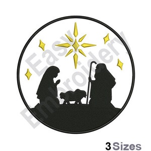 May include: A black and white silhouette of the nativity scene with a gold star and smaller stars in a circle. The scene includes Mary, Joseph, and the baby Jesus in a manger.