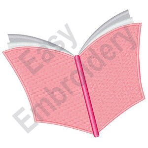May include: A pink book with white pages is open and slightly angled. The spine of the book is pink.
