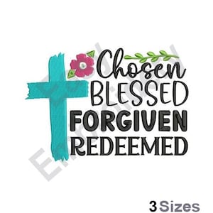 Könnte beinhalten: Stickerei mit einem türkisfarbenen Kreuz mit einer rosa Blume und dem Text "Chosen Blessed Forgiven Redeemed".