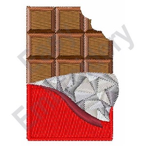 May include: A partially eaten chocolate bar in a red wrapper. The chocolate is brown and has a bite taken out of the top right corner.