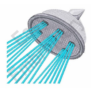 May include: A grey shower head with multiple streams of blue water coming out of it.