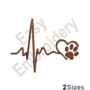 May include: Brown heart with a paw print inside, with a brown heartbeat line extending from the heart. The text "2 Sizes" is below the image.