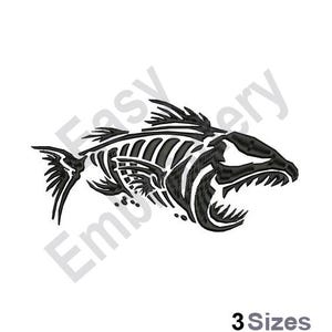 May include: Black and white embroidery design of a fish skeleton with an open mouth. The design is stylized and has a tribal feel.