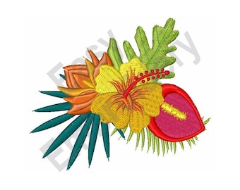 May include: Embroidered design featuring a yellow hibiscus flower, a pink anthurium flower, and green leaves.