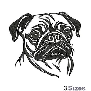 以下が含まれることがあります： シワの寄った顔と大きな丸い目をしたパグの顔の白黒の線画イラスト。