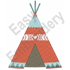 Könnte beinhalten: Ein rotes und blaues Tipi mit weißen geometrischen Mustern und einem Herzdesign. Das Tipi hat eine braune Klappe als Eingang.