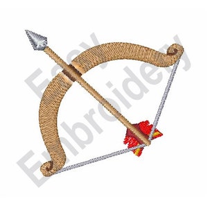 May include: A brown wooden bow with a string and a red and silver arrow.