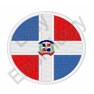 May include: A circular embroidered patch depicting the flag of the Dominican Republic. The flag is a white cross on a blue, red, and white background with the Dominican Republic coat of arms in the centre.