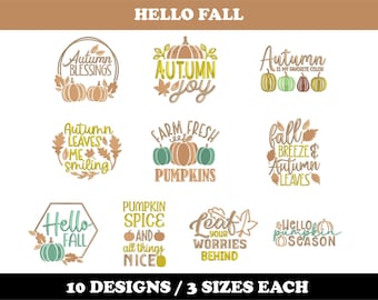Hello Fall (10 Designs) - Machine Embroidery Bundle, Autumn designs, Pumpkin patterns