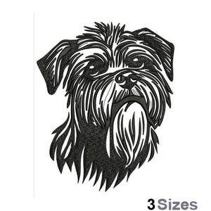 May include: Black and white embroidered design of a dog's face, featuring detailed lines and textures. The dog's eyes, nose, and fur are intricately depicted. The text "3 Sizes" is at the bottom.
