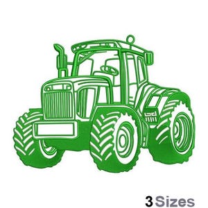 May include: Green outline of a tractor with large tires, a cab, and a smokestack. The image is a line drawing style, with the text "3 Sizes" at the bottom.