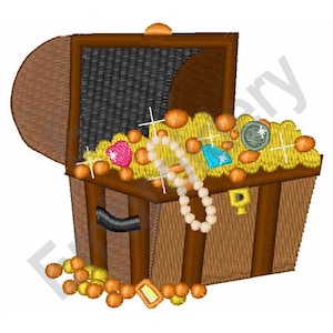 Op de afbeelding: Een houten schatkist vol met gouden munten, juwelen en parels. De kist is open en het deksel is opengeklapt.