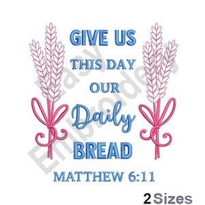 Op de afbeelding: Borduurwerk met tarwehalmen en de tekst "Geef ons heden ons dagelijks brood Mattheüs 6:11".