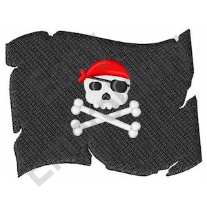Puede incluir: Una bandera pirata negra con una calavera blanca y huesos cruzados. La calavera lleva un pañuelo rojo.