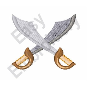 May include: Two silver swords with brown handles are crossed over each other.