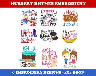 Puede incluir: Nueve diseños de bordado con rimas infantiles populares. Los diseños incluyen Humpty Dumpty, Tres ratones ciegos, Panecillos calientes, El puente de Londres se está cayendo, Oveja negra, Hey Diddle Diddle, Pat-a-Cake, Mary tuvo un corderito, y Jack y Jill. Los diseños son adecuados para un aro de 4x4.