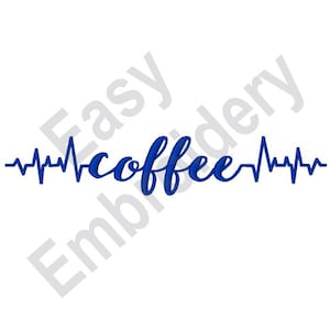Könnte beinhalten: Blaue Herzschlaglinie mit dem Wort "coffee" in einer kursivschrift.