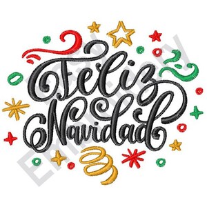 Puede incluir: Letras negras y blancas en cursiva que dicen "Feliz Navidad" rodeadas de estrellas, espirales y puntos rojos, verdes y dorados.
