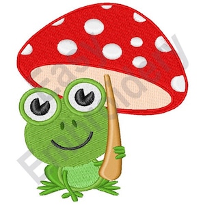 Könnte beinhalten: Ein grüner Frosch hält einen roten und weißen Pilz mit weißen Punkten. Der Pilz wird wie ein Regenschirm über den Kopf des Frosches gehalten.
