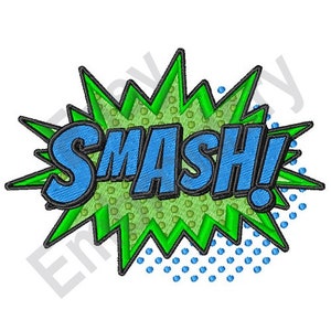 Puede incluir: Gráfico de estilo cómic verde y azul con la palabra "SMASH!" en un contorno blanco.