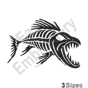 May include: Black and white embroidery design of a fish skeleton with a large, open mouth and sharp teeth.