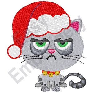 May include: A gray cat wearing a red Santa hat with a white pom-pom. The cat has green eyes and a grumpy expression. The cat is wearing a red collar with gold bells.