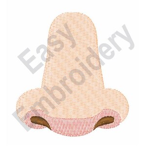 May include: A cartoon-style embroidered design of a light pink nose with brown nostrils.