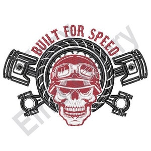 May include: A black and white skull wearing a red helmet and goggles with the text "Built for Speed" and two crossed pistons.
