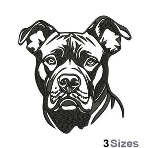 May include: Black and white line art of a dog's face, featuring detailed shading and a focused expression. The dog's features are clearly defined, with prominent eyes and a textured appearance. The text "3 Sizes" is at the bottom.